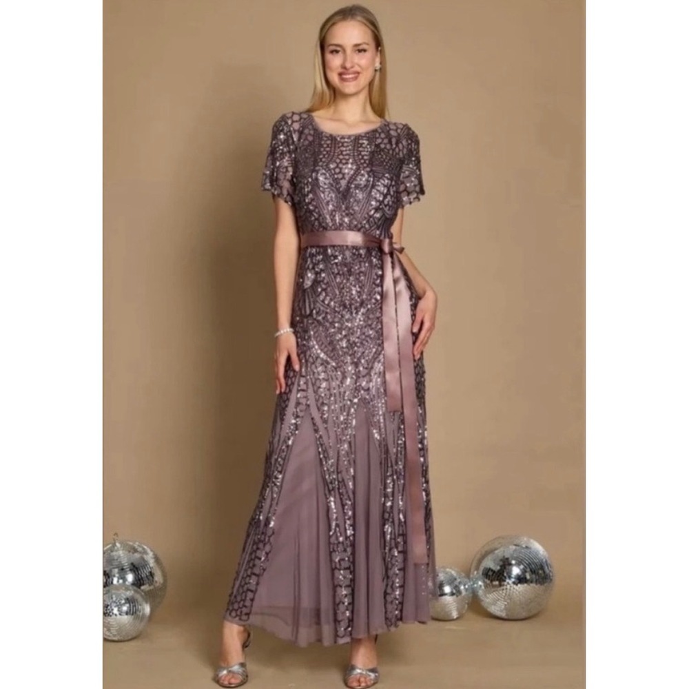R & M Richards Purple Full Length Beaded Gown Ribbon Belt Womens Sz 12 Gala MOB